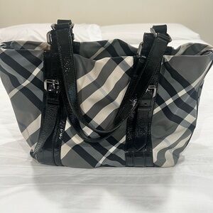 Burberry Black & White Plaid Tote with Patent Trim